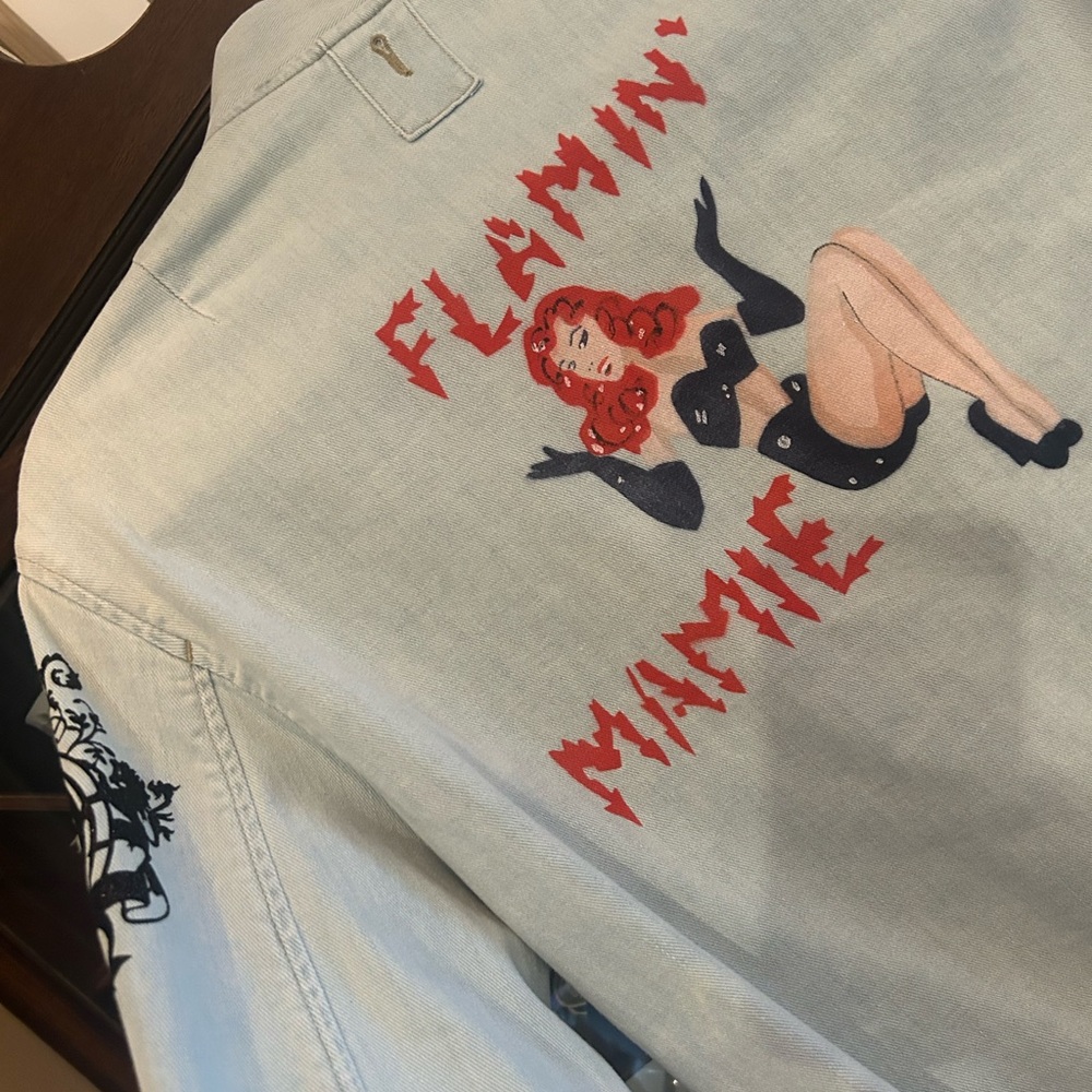 Mr & Mrs Italy Light Blue Jean Jacket with Red and Black Design